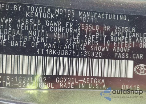 2011 Toyota Avalon из США, поврежденный, VIN 4T1BK3DB7BU439820
